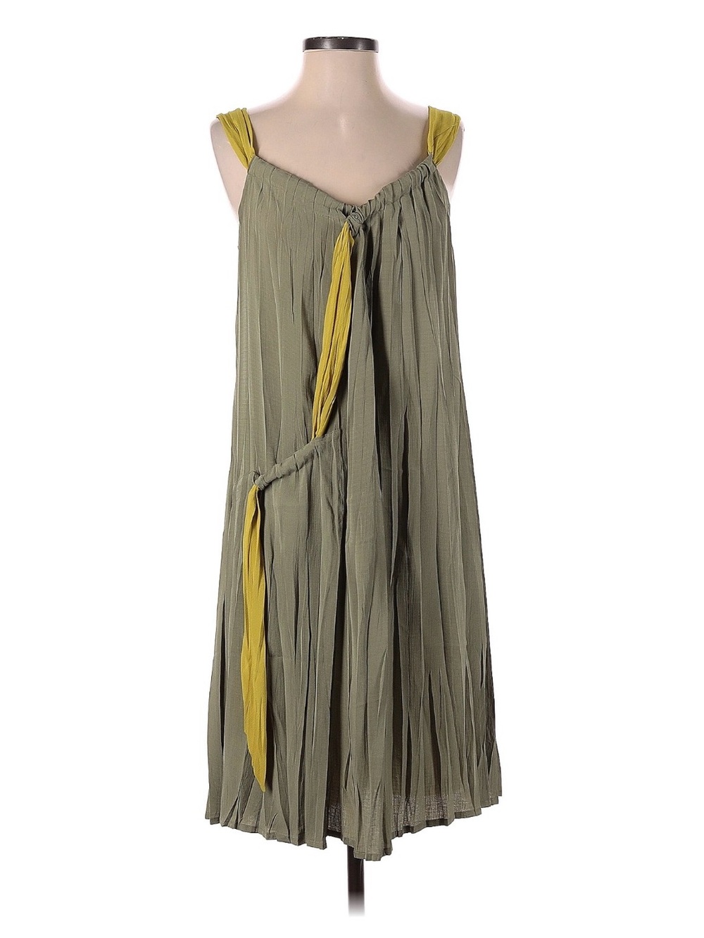 Babette Olive Green Pleated Midi Dress with Mustard Accents